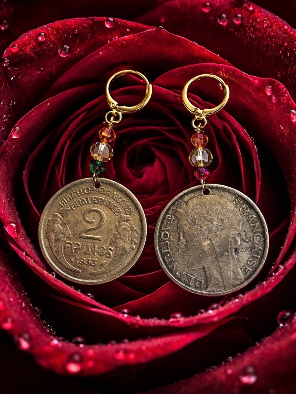 Gold French Coin Drop Earrings with Multicolor Beads